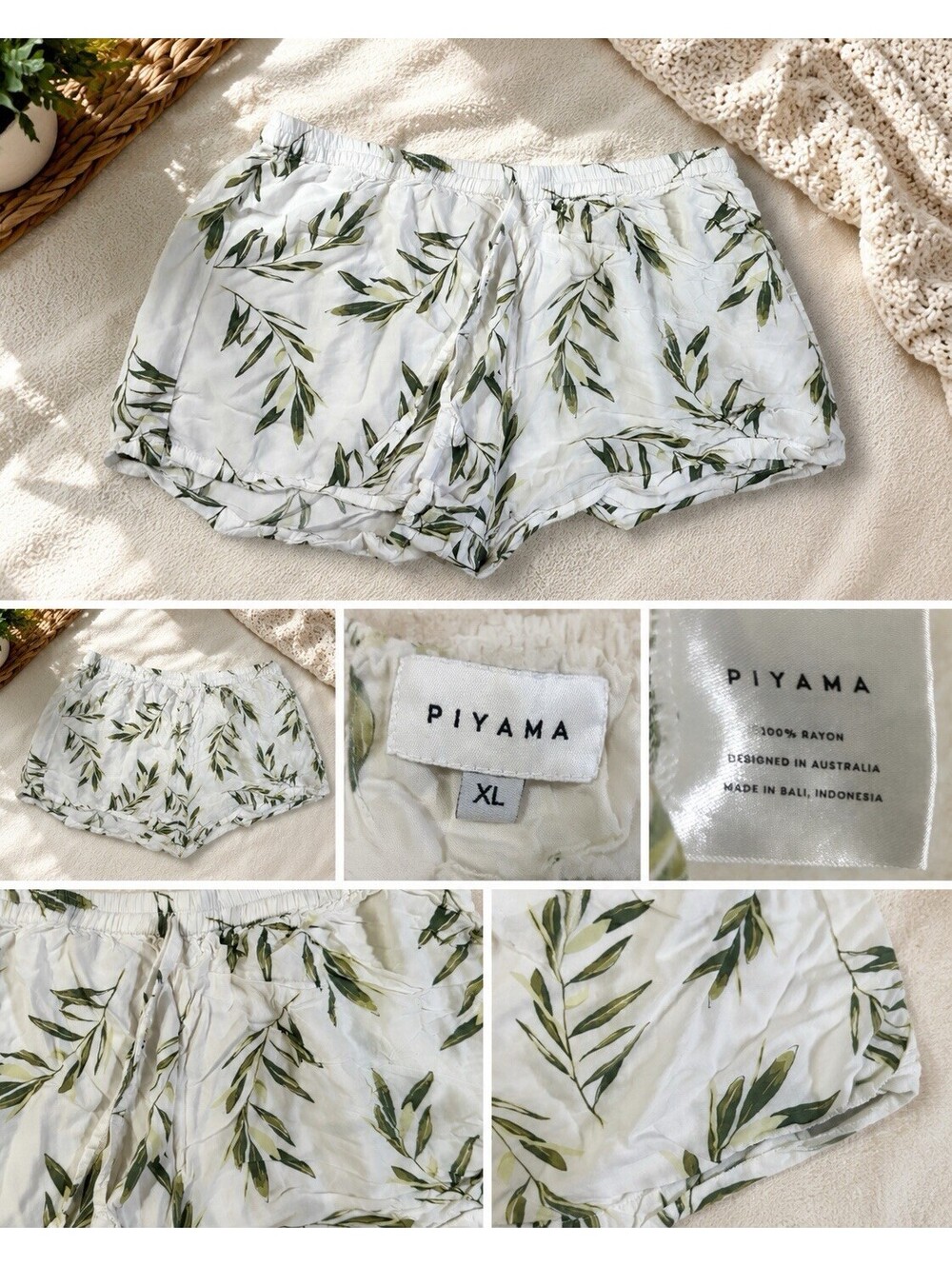 Piyama Womens XL Botanical Leaf Print Rayon Shorts Bali Resort Lounge Pajama
